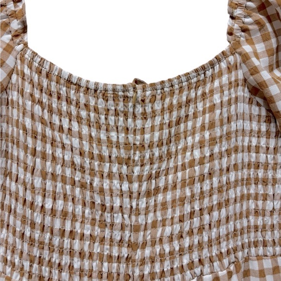 Mable Amaya gingham plaid puff short sleeve jumpsuit, cognac, small - Picture 9 of 11